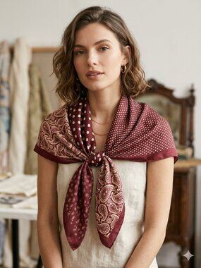 Red - burgundy Silk Square Scarf 26x26 Hair Neck Tie Elegant Lightweight